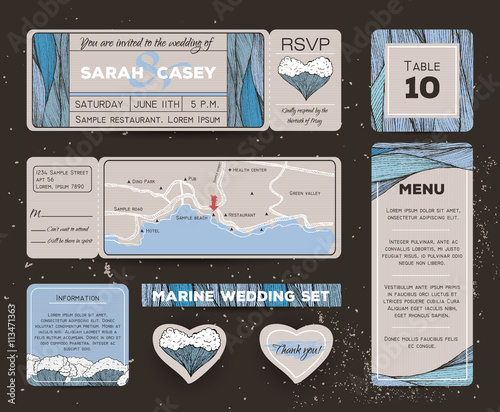 Marine wedding invitation set with rsvp card. Ticket to a sea pa