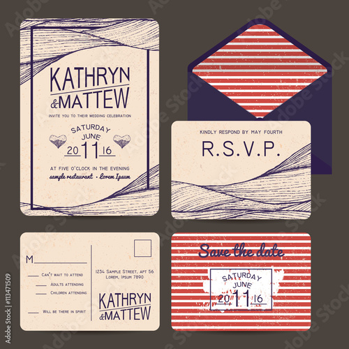 wedding invitation set with rsvp card. wavy and stripy ornament.