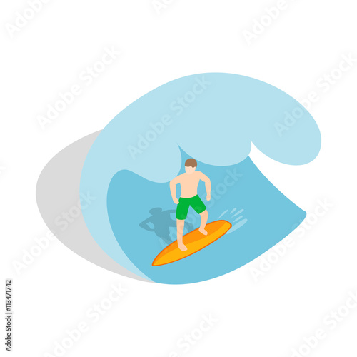 Surfer riding the wave icon, isometric 3d style