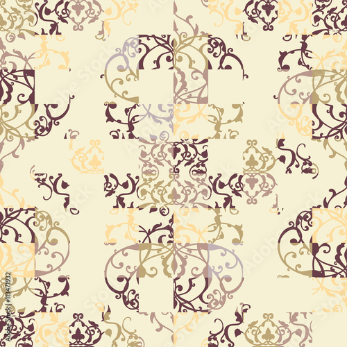 Vector abstract seamless pattern with geometric and floral ornaments, stylized flowers, dots, snowflakes and lace. Vintage arabic style.