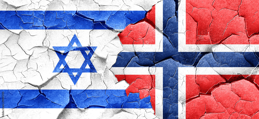 Israel flag with Norway flag on a grunge cracked wall Israel flag with Norway flag on a grunge cracked wall