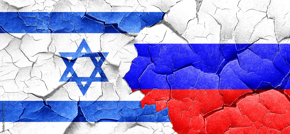 Israel flag with Russia flag on a grunge cracked wall