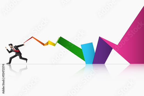 Businessman runing wight long flag, low polygon colorful business background,

