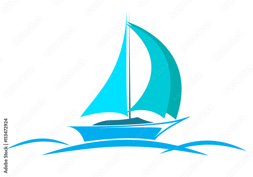 blue logo yacht on the sea with sails