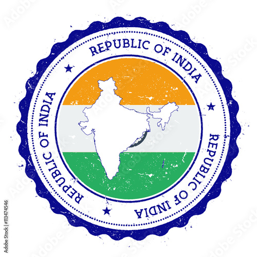 India map and flag in vintage rubber stamp of state colours. Grungy travel stamp with map and flag of India. Country map and flag vector illustration.