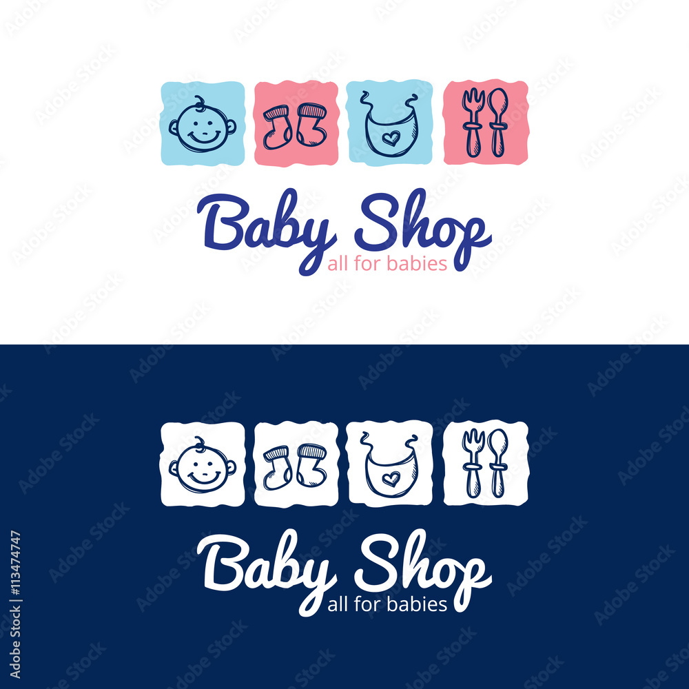 Vector cute baby shop logo in doodle style. Kids store logotype