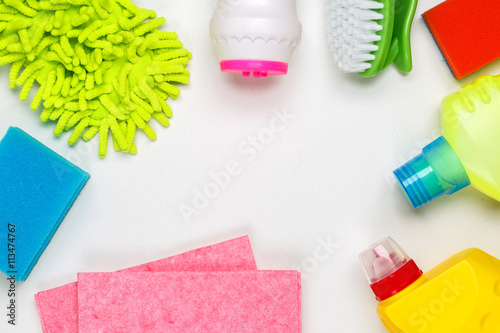 House cleaning products on white table