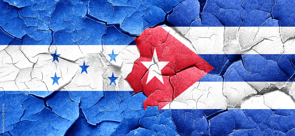 Honduras flag with cuba flag on a grunge cracked wall