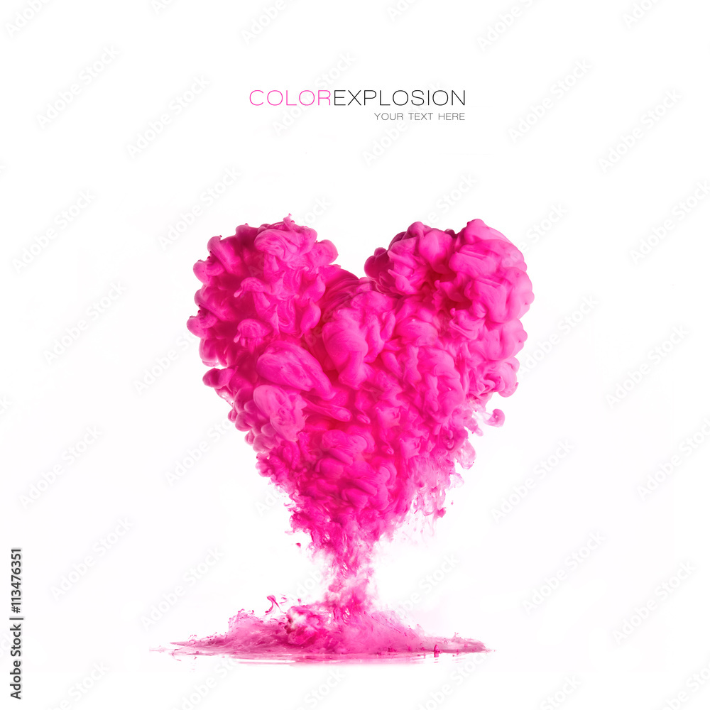 ink cloud pink heart-shaped on white. Color Explosion ink cloud pink heart-shaped on white. Color Explosion