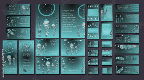 Vector set of abstract ethnic flyers with arrows, dreamcatcher, feather frames. Boho design brochure templates.