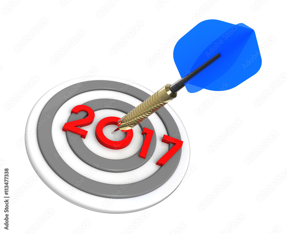 Dart hitting target - New Year 2017. 3D illustration. Dart hitting target - New Year 2017. 3D illustration.