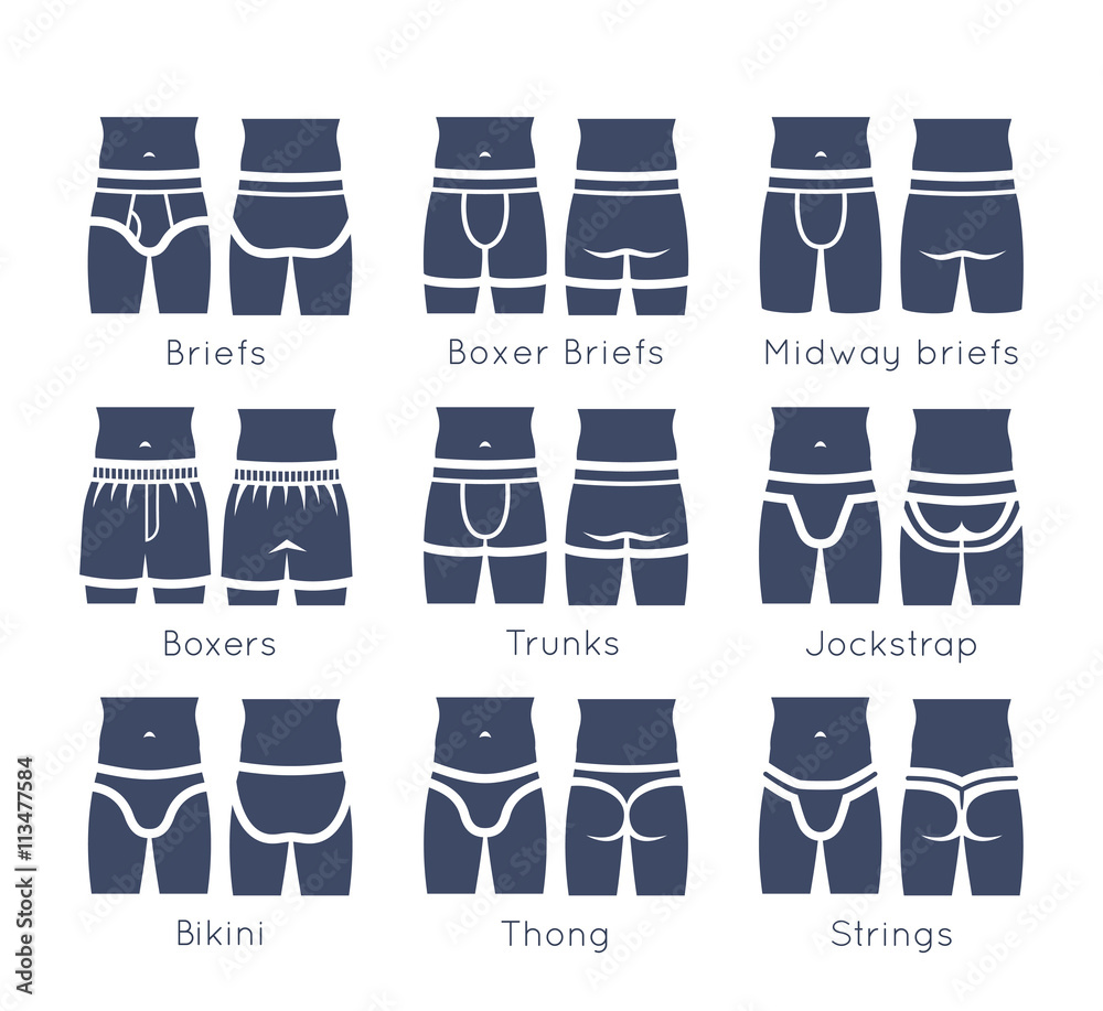 Male underwear types flat silhouettes vector icons set. Modern man briefs  fashion styles on torso figures. Front, back view. Underclothes infographic  design elements. Clothes pictogram Stock Vector | Adobe Stock