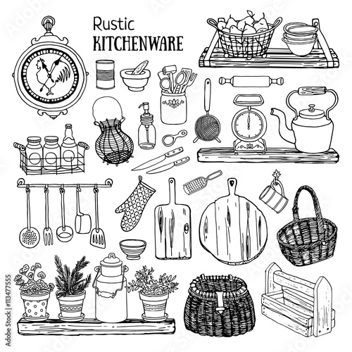 Hand drawn vector illustration rustic kitchen set. Black and white sketch of dishes isolated on white background