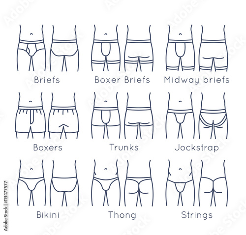 Male underwear types flat line vector icons set. Modern man briefs fashion styles on torso figures. Front, back view. Underclothes linear infographic design elements. Isolated clothes pictogram