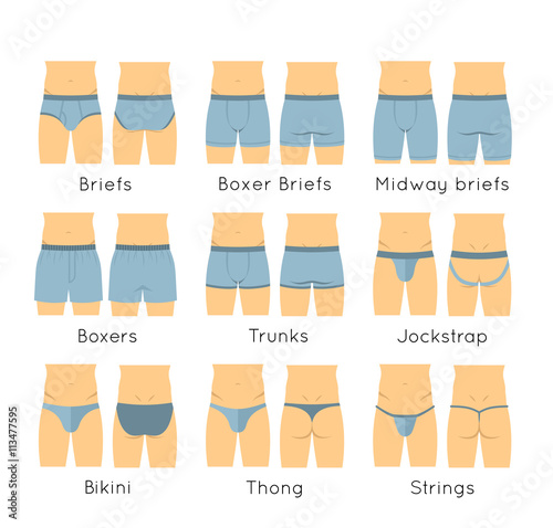 Male underwear types flat vector icons set. Modern man briefs fashion styles on torso figures. Front, back view. Underclothes infographic design elements. Classic briefs, boxers, trunks, string, thong