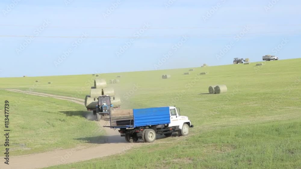 tractor on the field to collect the cut hay to roll tractor on the field to collect the cut hay to roll