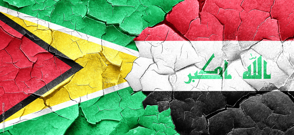 Guyana flag with Iraq flag on a grunge cracked wall