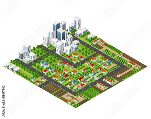 Isometric perspective city with streets, houses, skyscrapers, parks and trees