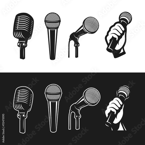 Set of monochrome microphones. Vector illustration.