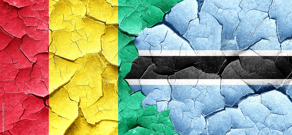 Guinea flag with Botswana flag on a grunge cracked wall