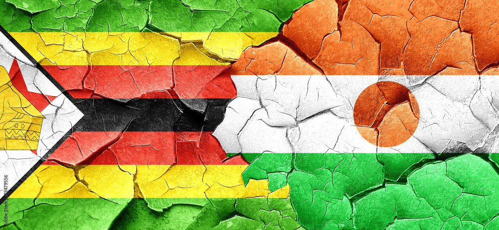 Zimbabwe flag with Niger flag on a grunge cracked wall