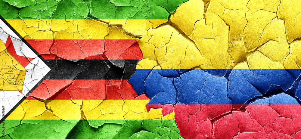 Zimbabwe flag with Colombia flag on a grunge cracked wall