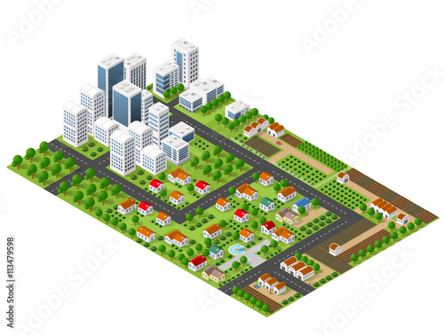Isometric perspective view of a rural area with village houses, gardens, trees and farms
