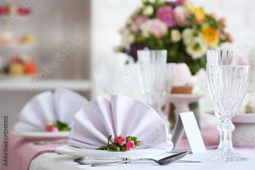 Beautiful served table for wedding or other celebration in restaurant