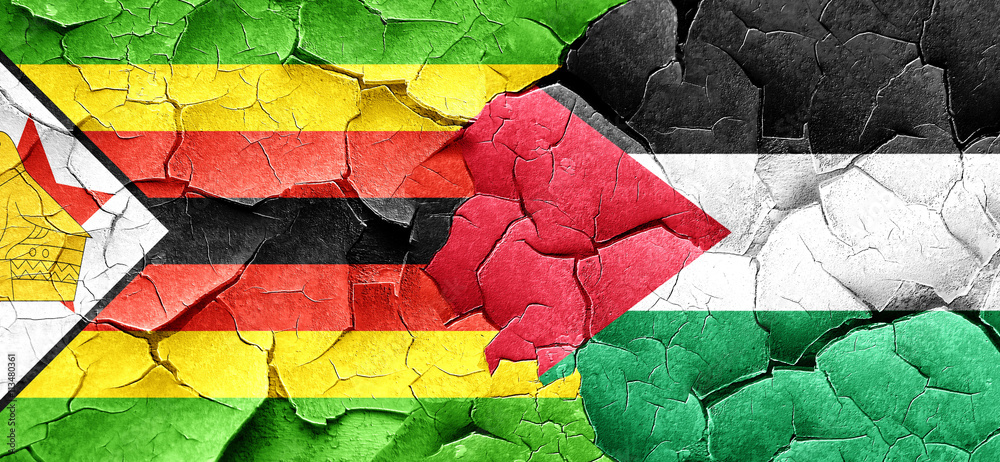 Zimbabwe flag with Palestine flag on a grunge cracked wall