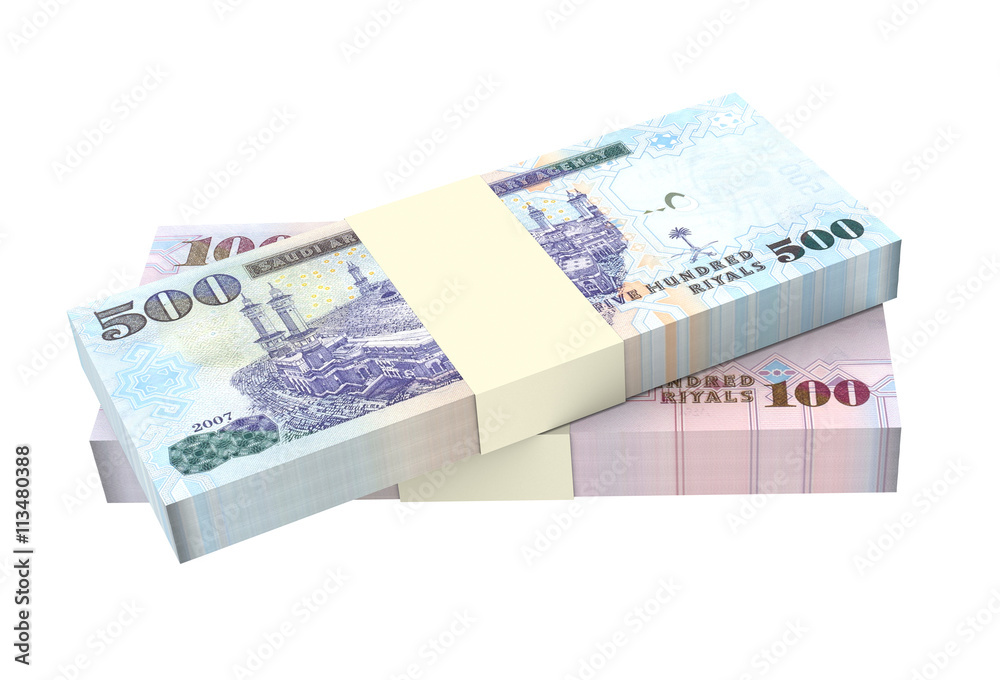 Saudi Arabia rials bills isolated on white background. 3D illustration. Saudi Arabia rials bills isolated on white background. 3D illustration.