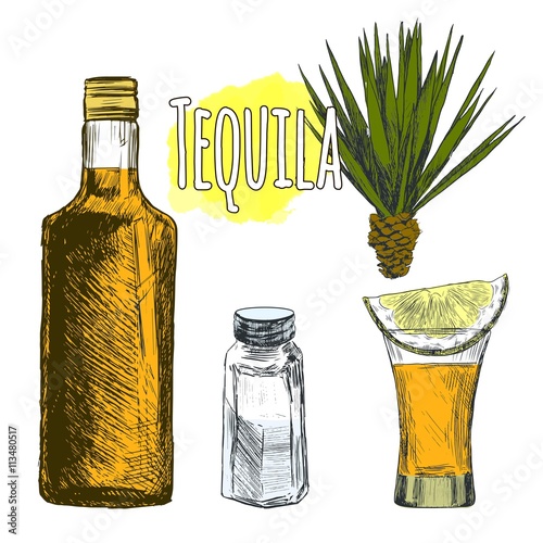 Glass and botlle of tequila.