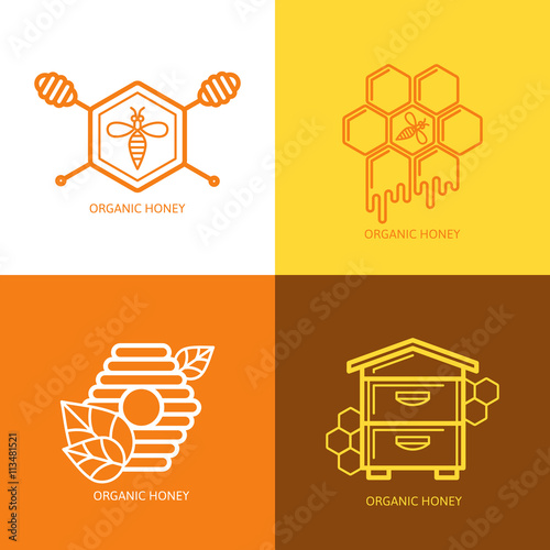 Set of honey label, logo, tag, sticker design elements. Vector bee, hive, honeycombs and honey dipper outline illustration. Concept for honey package, banner, wrapping.