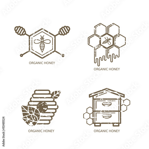 Set of vector honey label, logo, tag, sticker design elements. Bee, hive, honeycombs and honey dipper outline illustration with grunge removable texture. Concept for honey package, banner, wrapping.