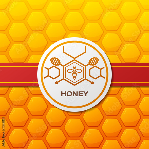 Vector honey logo, label design elements. Honeycombs texture background with ribbon and round label. Linear bee and honey dipper symbol. Template for honey package, tag or wrapping. 