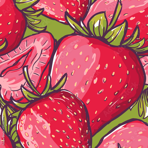 Vector seamless pattern with close-up red strawberries. Colorful summer background with berries. Design for fabric, textile print, wrapping paper. Healthy food illustration.