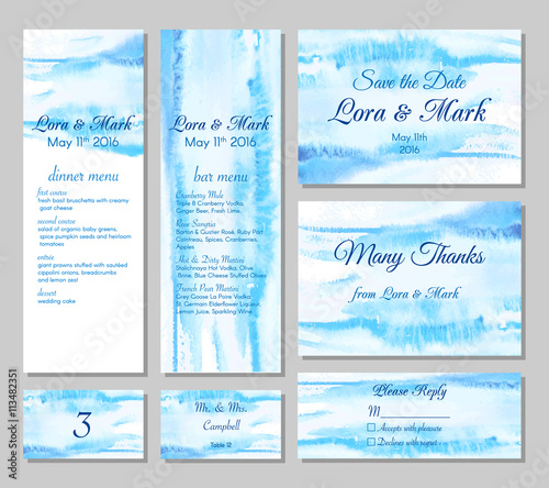 Wedding card collection - save the date, menu, bar menu, invitation, table cards and rspv card. Marine wedding set with beautiful hand drawn watercolor background