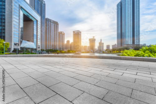 empty cement floor and modern buildings,tianjin china.