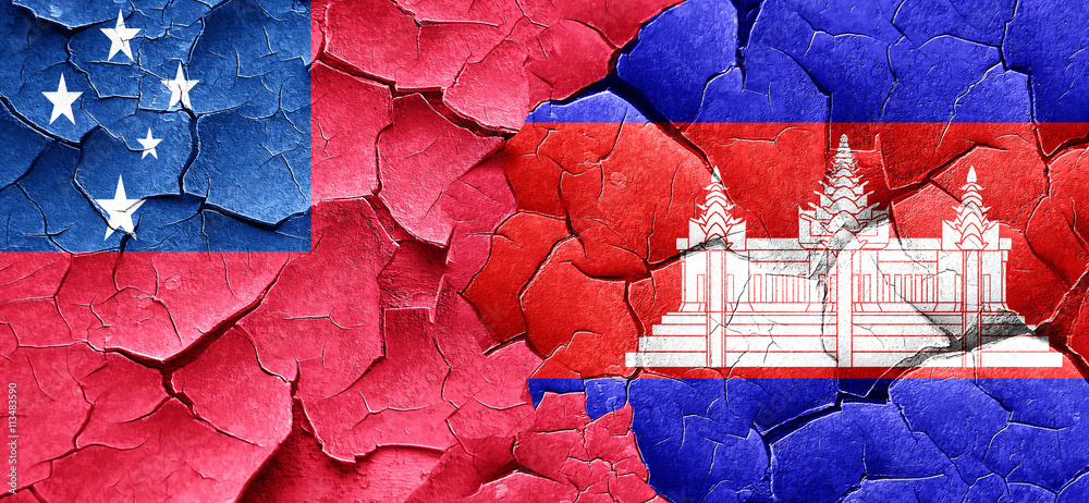 Samoa flag with Cambodia flag on a grunge cracked wall Samoa flag with Cambodia flag on a grunge cracked wall