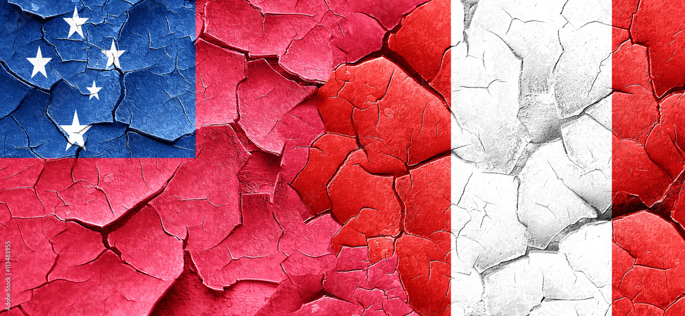 Samoa flag with Peru flag on a grunge cracked wall Samoa flag with Peru flag on a grunge cracked wall