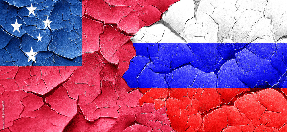 Samoa flag with Russia flag on a grunge cracked wall