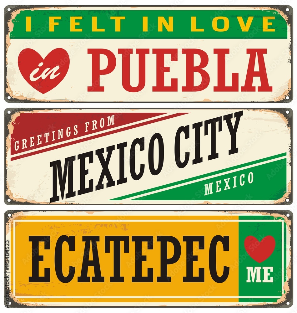 Plakat Retro tin sign collection with Mexico city names