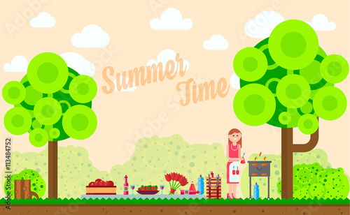 Fruit, wine, barbecue, grill on the grass. Summer picnic  meadow. Vector flat illustrations for website, banners.