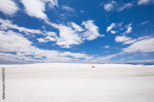 Beautiful cinematic deserted nature view under the blue cloudless sky in America. White sands.