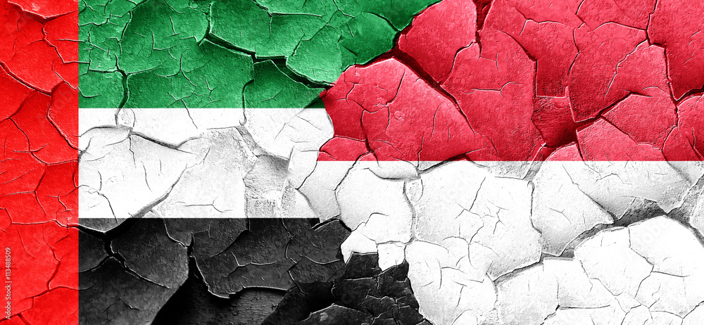 uae flag with Indonesia flag on a grunge cracked wall
