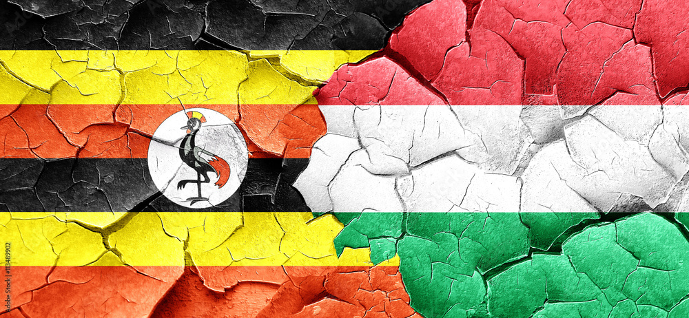 Uganda flag with Hungary flag on a grunge cracked wall