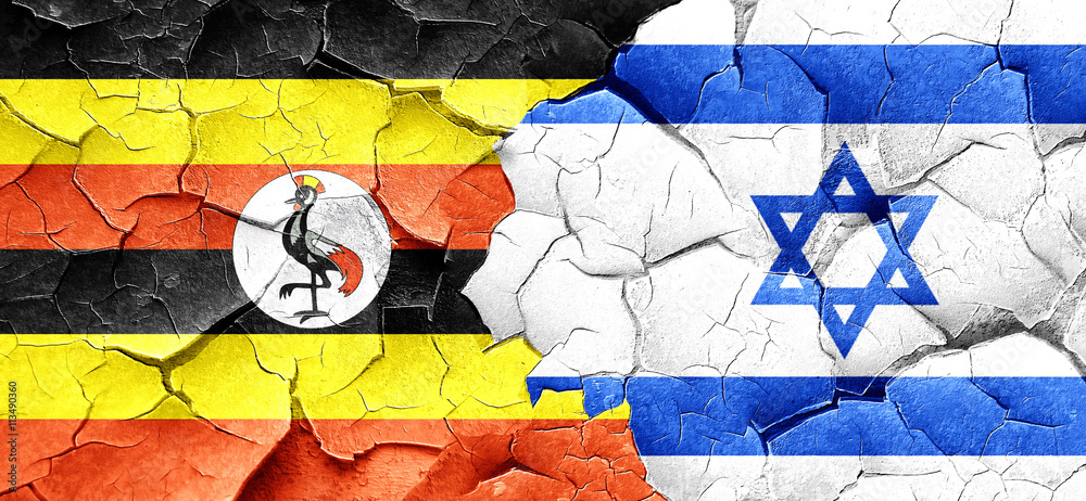 Uganda flag with Israel flag on a grunge cracked wall