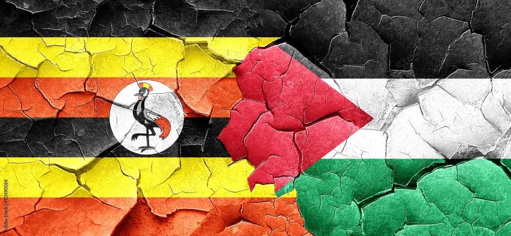 Uganda flag with Palestine flag on a grunge cracked wall