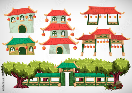 China house objects for the game and animation, game design asset. Vector flat illustrations.