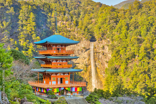 Three-story pagoda with the Nachi Falls in Wakayama Prefecture, photo