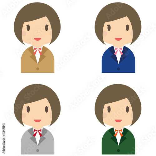 4色のブレザーの制服女子学生　上半身 おかっぱ